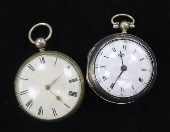 A George III silver pair cased pocket watch and another base metal pocket watch.